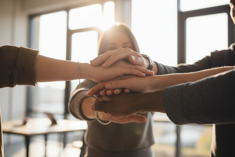 5 hands on each other held by a team who want to achieve something